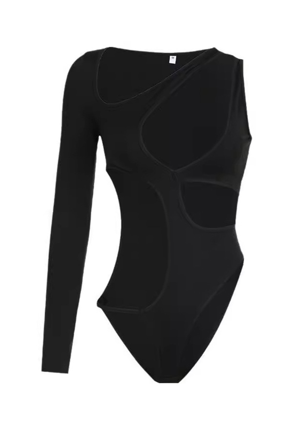 Gothic Black Irregular Long Sleeve Bodysuit Crossover Cutout Bodysuit