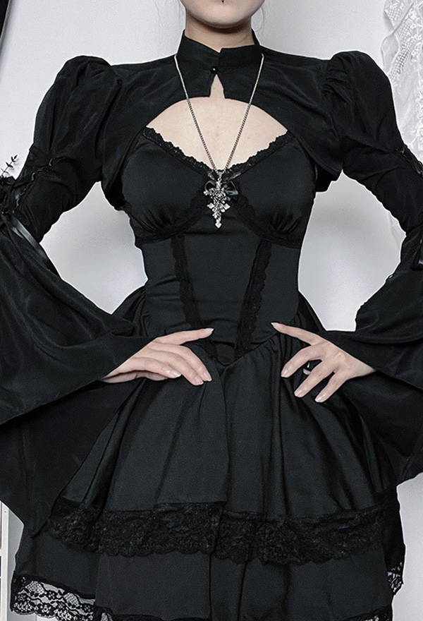 Gothic Black Elegant Slim Lace-up Flared Sleeve Blouse Crop Top