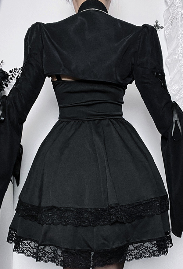 Gothic Black Elegant Slim Lace-up Flared Sleeve Blouse Crop Top