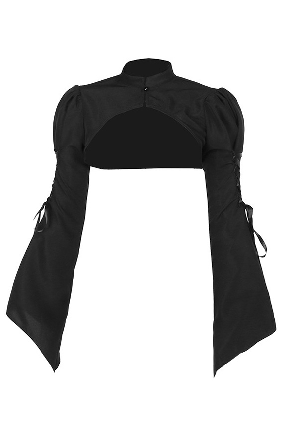 Gothic Black Elegant Slim Lace-up Flared Sleeve Blouse Crop Top