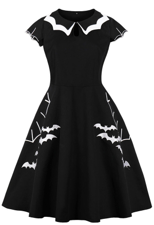 Halloween Gothic Black Swing Dress Bat Print Fold Neck Dress