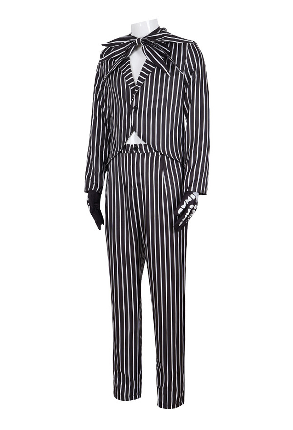 Halloween Jack Skellington Style Costume Gothic Long Sleeve Jacket and Pants with Bow Tie and Gloves