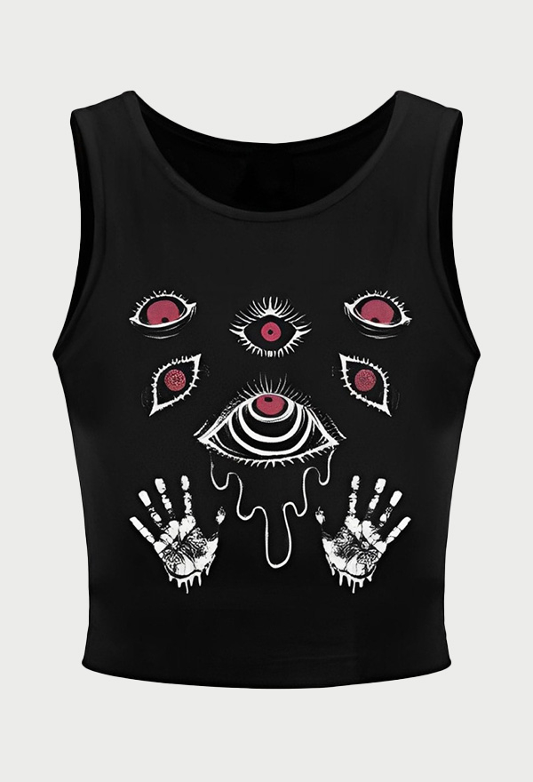 Gothic Black Sleeveless Top Dark Style Eye Palm Print Vest