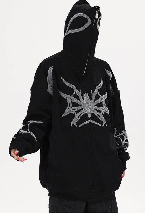 Halloween Gothic Black Loose Hooded Sweatshirt Spider Web Embroidered Zipper Hoodie