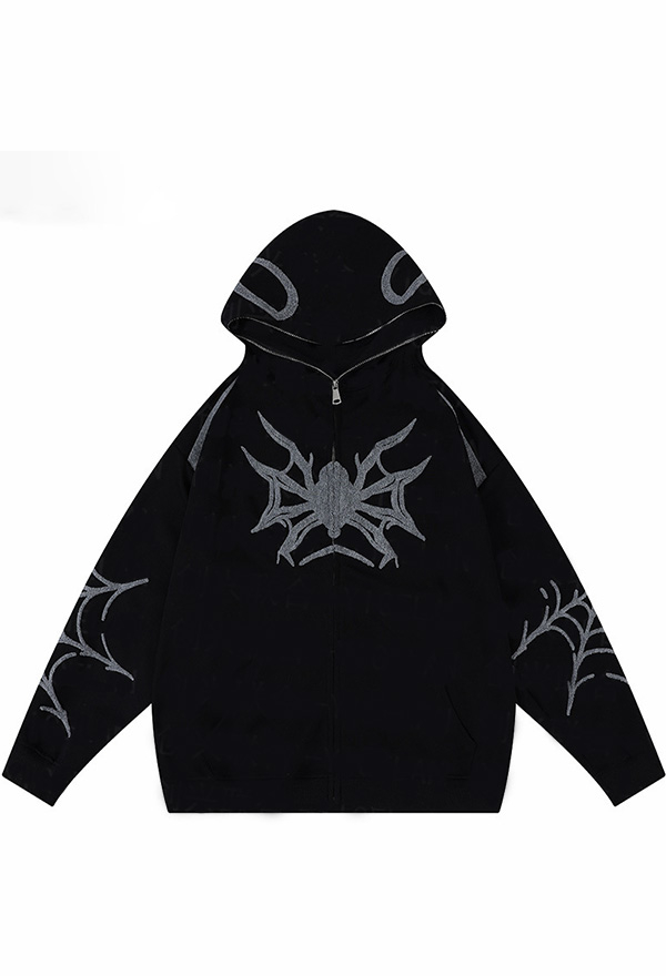 Halloween Gothic Black Loose Hooded Sweatshirt Spider Web Embroidered Zipper Hoodie