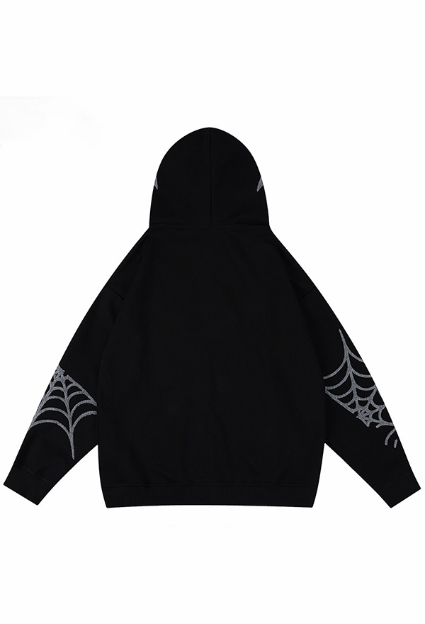 Halloween Gothic Black Loose Hooded Sweatshirt Spider Web Embroidered Zipper Hoodie