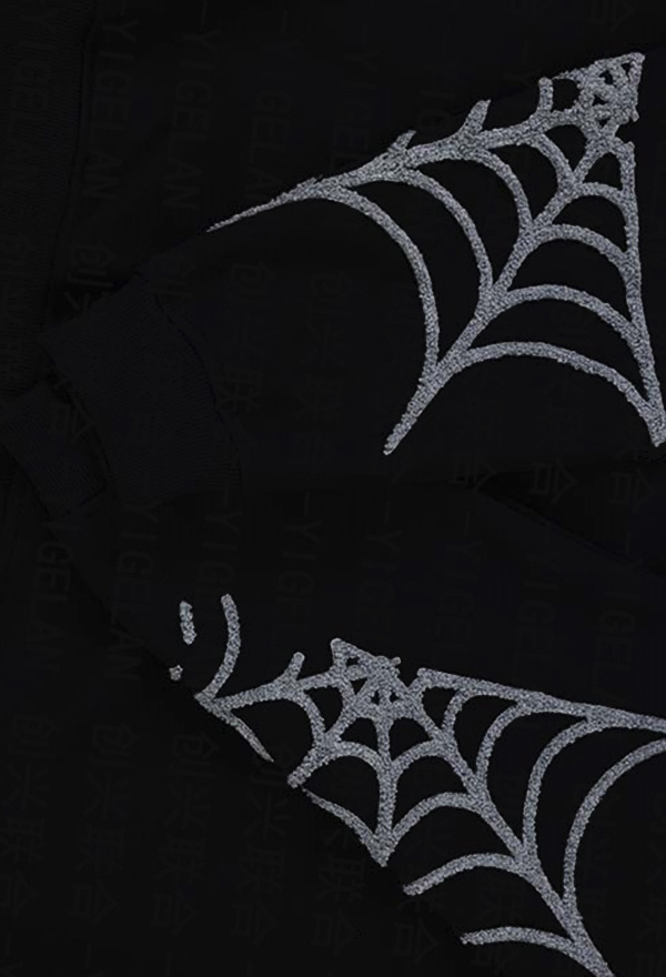 Halloween Gothic Black Loose Hooded Sweatshirt Spider Web Embroidered Zipper Hoodie