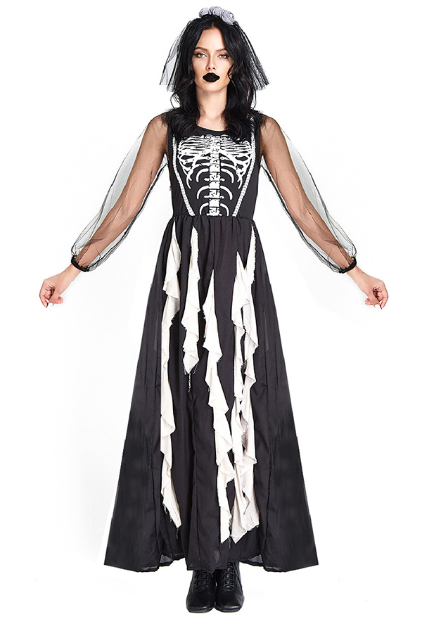 Halloween Black Ghost Bride Costume Irregular Tassel Skeleton Print Dress with Headpiece