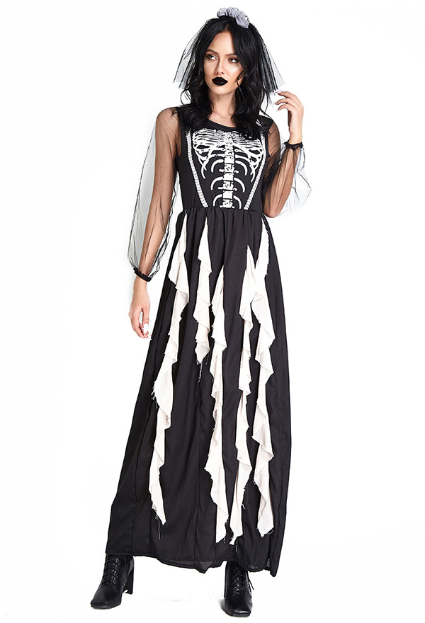 Halloween Black Ghost Bride Costume Irregular Tassel Skeleton Print Dress with Headpiece