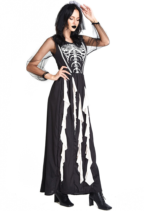 Halloween Black Ghost Bride Costume Irregular Tassel Skeleton Print Dress with Headpiece