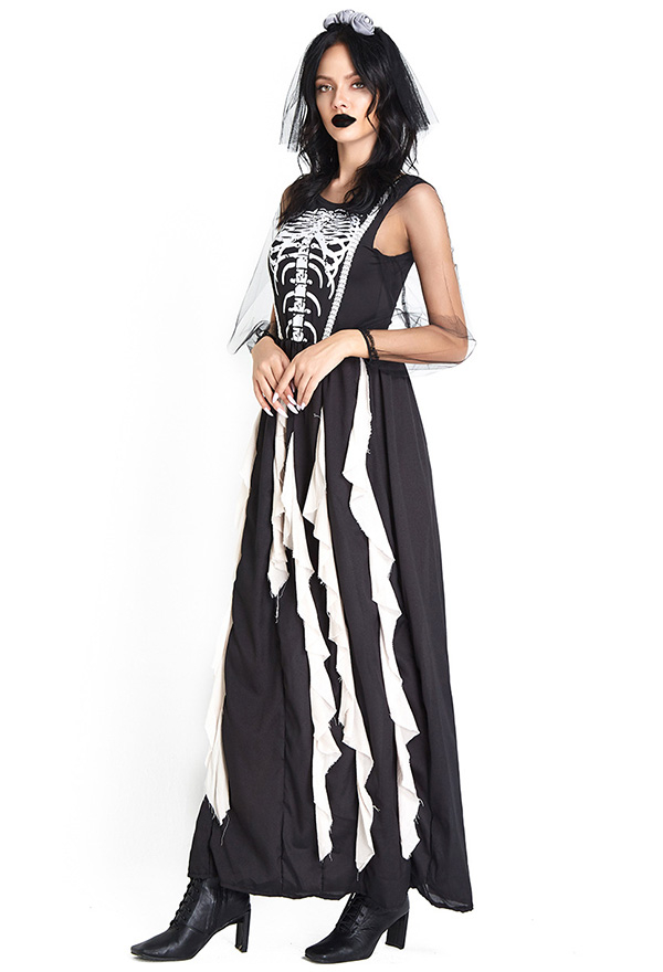 Halloween Black Ghost Bride Costume Irregular Tassel Skeleton Print Dress with Headpiece