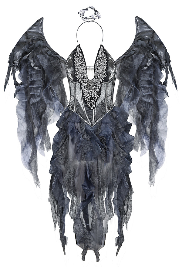 Halloween Black Evil Angel Costume Deep V See Through Irregular Slim Dress with Headpiece Wings