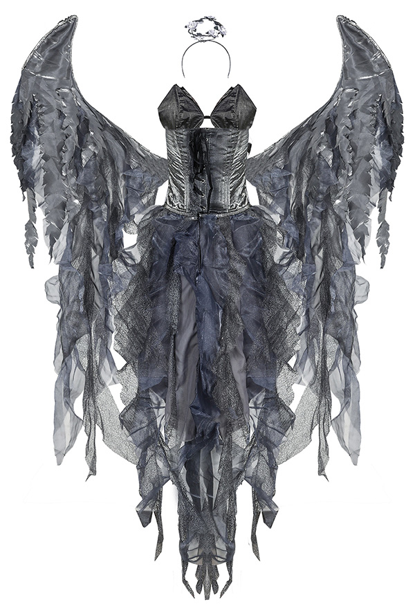 Halloween Black Evil Angel Costume Deep V See Through Irregular Slim Dress with Headpiece Wings