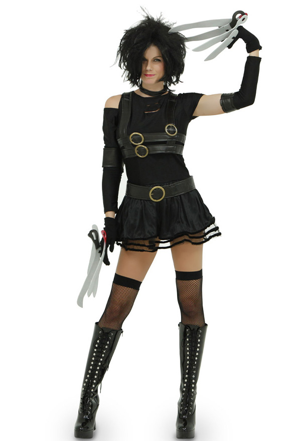 Halloween Women Costume Black Asymmetrical Ripped Dress with Gloves Stockings