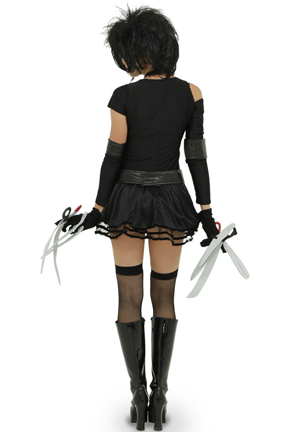 Halloween Women Costume Black Asymmetrical Ripped Dress with Gloves Stockings