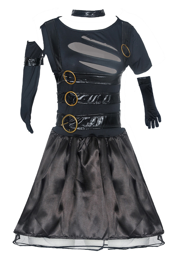 Halloween Women Costume Black Asymmetrical Ripped Dress with Gloves Stockings