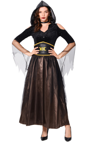 Halloween Black Wicked Witch Costume V-Neck Slim Hooded Dress with Waistband