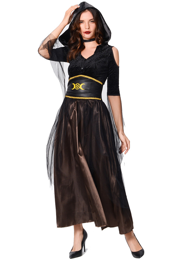 Halloween Black Wicked Witch Costume V-Neck Slim Hooded Dress with Waistband