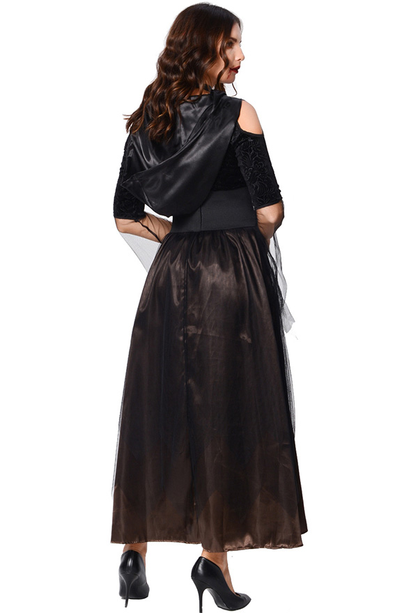 Halloween Black Wicked Witch Costume V-Neck Slim Hooded Dress with Waistband