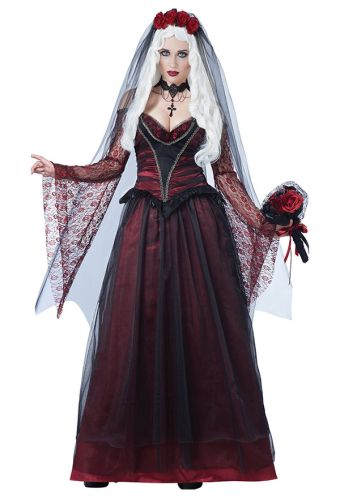 Vampire Bride Halloween Gothic Costume Black Red Low Cut Wedding Dress with Veil