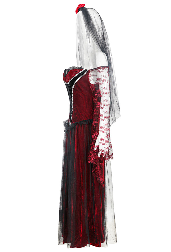 Vampire Bride Halloween Gothic Costume Black Red Low Cut Wedding Dress with Veil