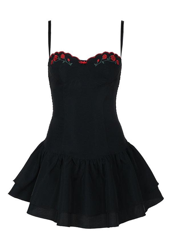 Gothic Black Rose Embroidery Strap Dress Dark Style Low Cut A-Line Slim Dress