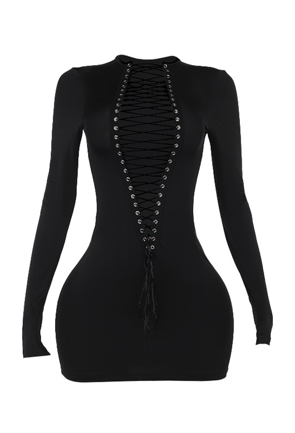 Gothic Black Cross Bandage Hollow Dress Dark Style Long Sleeve Bodycon Dress