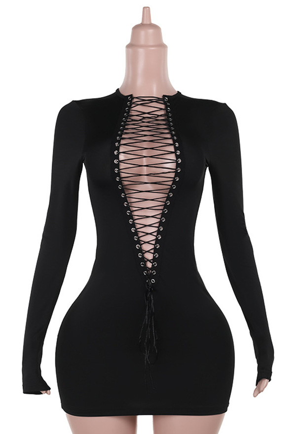 Gothic Black Cross Bandage Hollow Dress Dark Style Long Sleeve Bodycon Dress