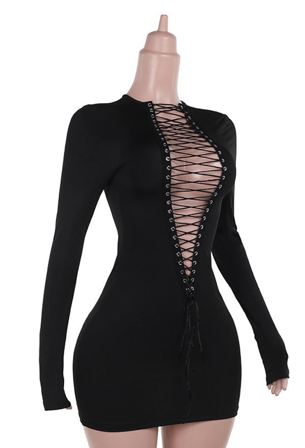 Gothic Black Cross Bandage Hollow Dress Dark Style Long Sleeve Bodycon Dress