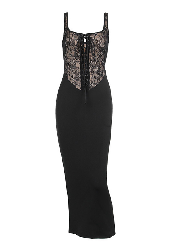 Gothic Black Bandage Lace Patchwork Slim Strap Dress