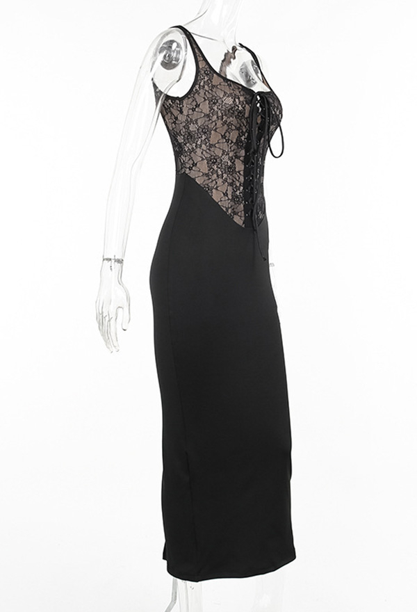 Gothic Black Bandage Lace Patchwork Slim Strap Dress