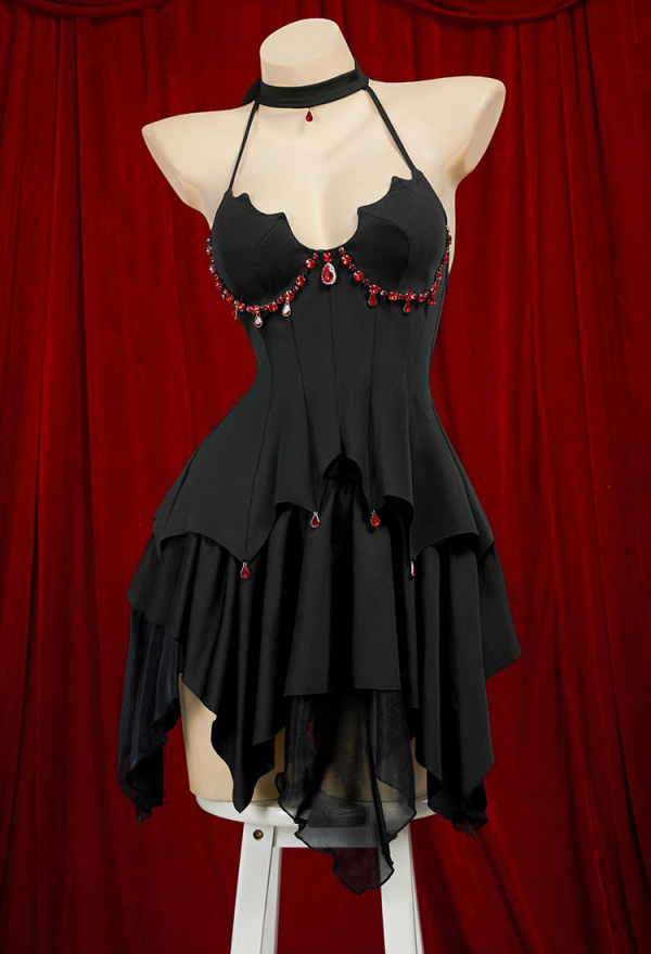 Gothic Black Bat Irregular Backless Halter Top and Ruffle Half Skirt with Gloves Socks