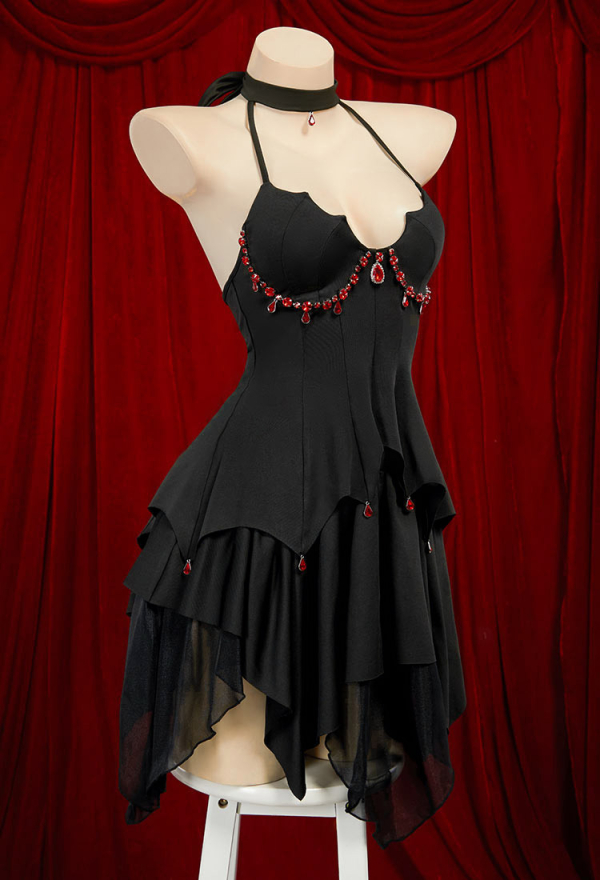 Gothic Black Bat Irregular Backless Halter Top and Ruffle Half Skirt with Gloves Socks