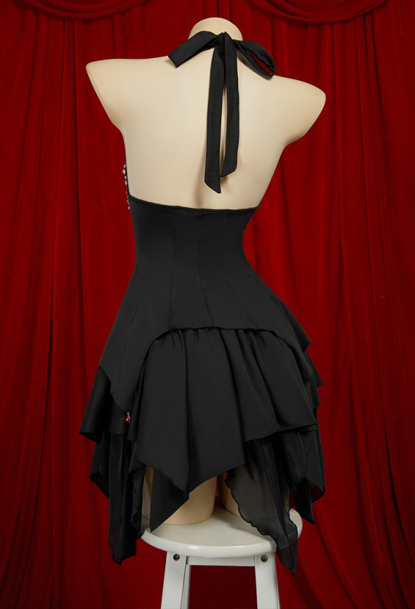 Gothic Black Bat Irregular Backless Halter Top and Ruffle Half Skirt with Gloves Socks