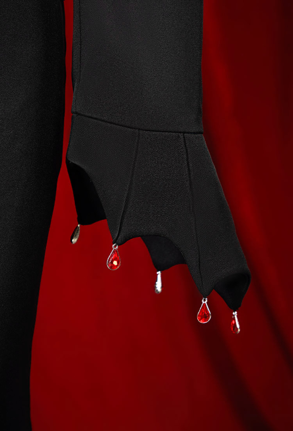 Blood Moon Silhouette Vintage Bat Corset Top with Pendants and Slit Skirt Set Puffy Long Sleeves Top and Fishtail Skirt Vampire Costume