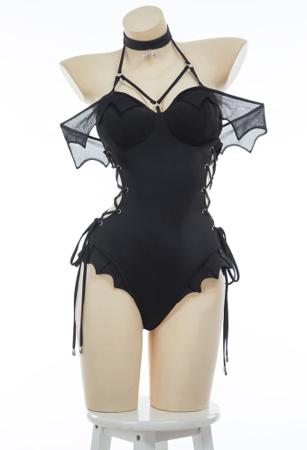 Gothic Black Bat One Piece Swimsuit Dark Bat Style Cross Lace-up Bathing Suit