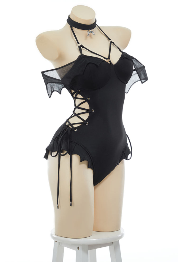 Gothic Black Bat One Piece Swimsuit Dark Bat Style Cross Lace-up Bathing Suit