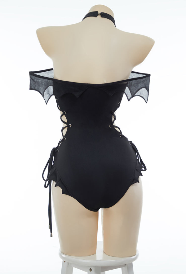 Gothic Black Bat One Piece Swimsuit Dark Bat Style Cross Lace-up Bathing Suit