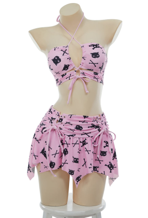 Thriller Kitten Skull Cat Print Swimsuit Gothic Pink Two Pieces Strappy Top and Skirt Set