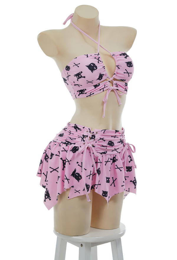 Thriller Kitten Skull Cat Print Swimsuit Gothic Pink Two Pieces Strappy Top and Skirt Set