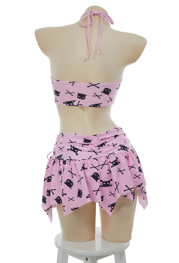 Thriller Kitten Skull Cat Print Swimsuit Gothic Pink Two Pieces Strappy Top and Skirt Set