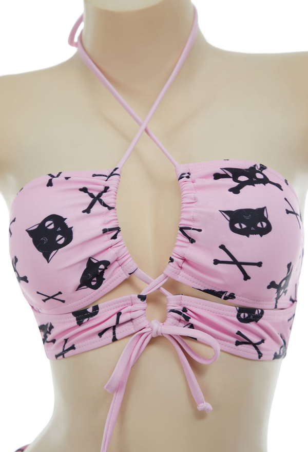 Thriller Kitten Skull Cat Print Swimsuit Gothic Pink Two Pieces Strappy Top and Skirt Set