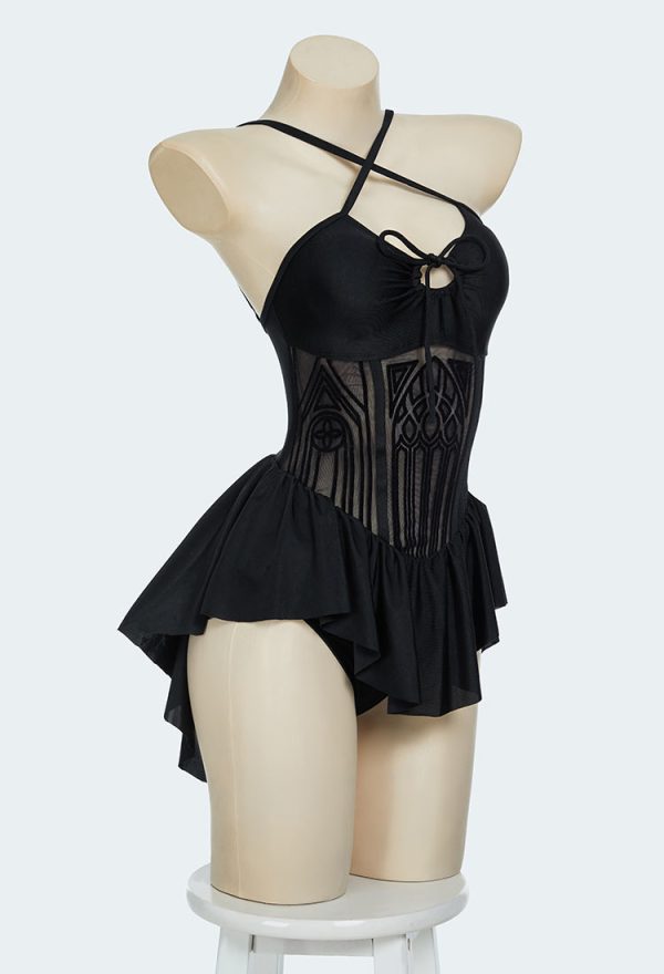 Gothic Black Halter Bodysuit Swimsuit Sheer Mesh One Piece Bathing Suit