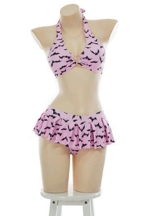 Gothic Bat Print Swimsuit Heart-shaped Design Top and Mini Skirt Two Pieces Pink Bat Swimsuit