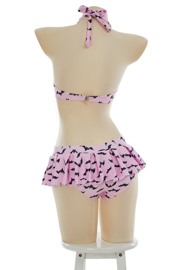 Gothic Bat Print Swimsuit Heart-shaped Design Top and Mini Skirt Two Pieces Pink Bat Swimsuit