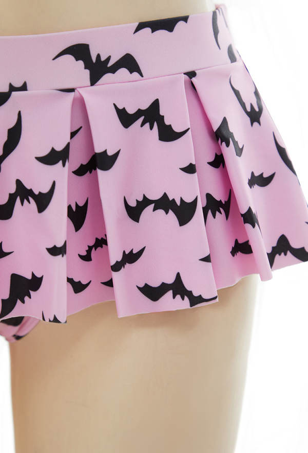 Nocturnal Waves Gothic Bat Print Swimsuit Heart-shaped Design Top and Mini Skirt Two Pieces Pink Bat Swimsuit