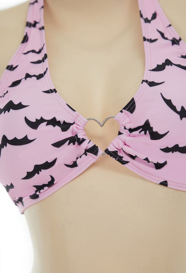 Gothic Bat Print Swimsuit Heart-shaped Design Top and Mini Skirt Two Pieces Pink Bat Swimsuit