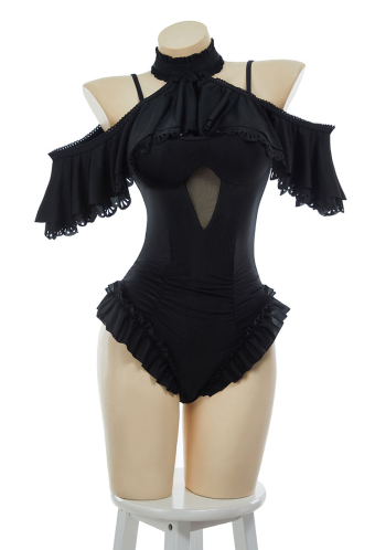 Gothic Black Victorian Vintage Style Halter One Piece Swimsuit with Halter Ruffle Shawl Swimwear Bathing Suit