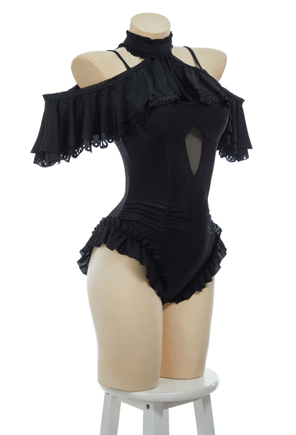 Gothic Black Victorian Vintage Style Halter One Piece Swimsuit with Halter Ruffle Shawl Swimwear Bathing Suit