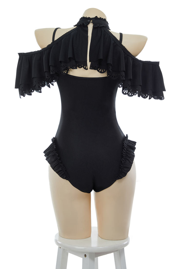 Gothic Black Victorian Vintage Style Halter One Piece Swimsuit with Halter Ruffle Shawl Swimwear Bathing Suit